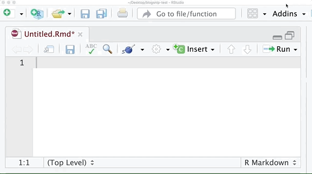 The blogsnip addin is demonstrated by selecting 'insert details block' from the addins menu, which creates an expandable details section when rendered from R Markdown to HTML.