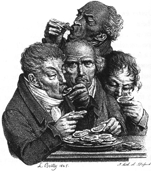 An 1825 black-and-white lithograph of four men shucking oysters.