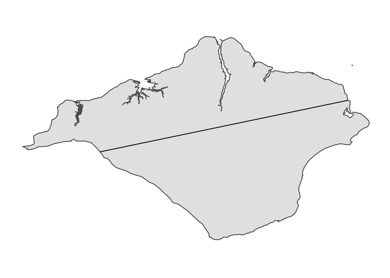 A simple map of the Isle of Wight, UK, with a line drawn from the east to west coasts, passing roughly throught the middle.